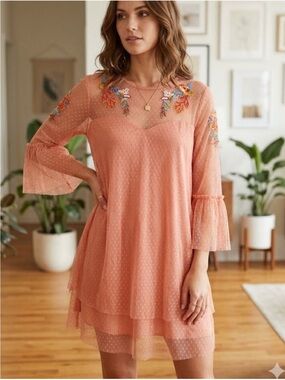 NWT True Destiny Sheer Swiss Dot Embroidered Coral Mini Dress. Size Small